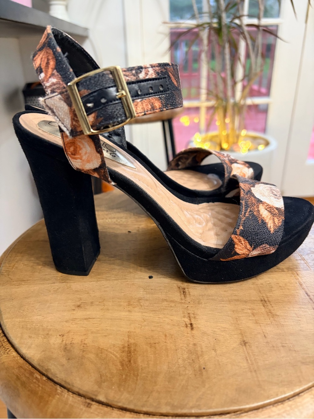 Platform Block Heel Sandals in Black with Orange Fabric Floral Straps
